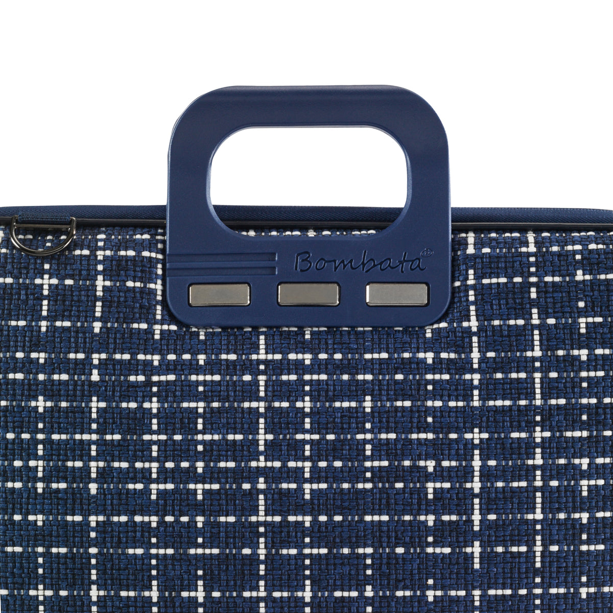 Bombata Tweed Blu scuro — სახელურისა და ქსოვილის ტექსტურის ახლო ხედი